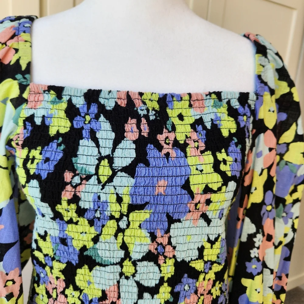 Free People Ariana Floral Colorful Printed Crop Top Blouse Long Sleeves Medium - Picture 4 of 15